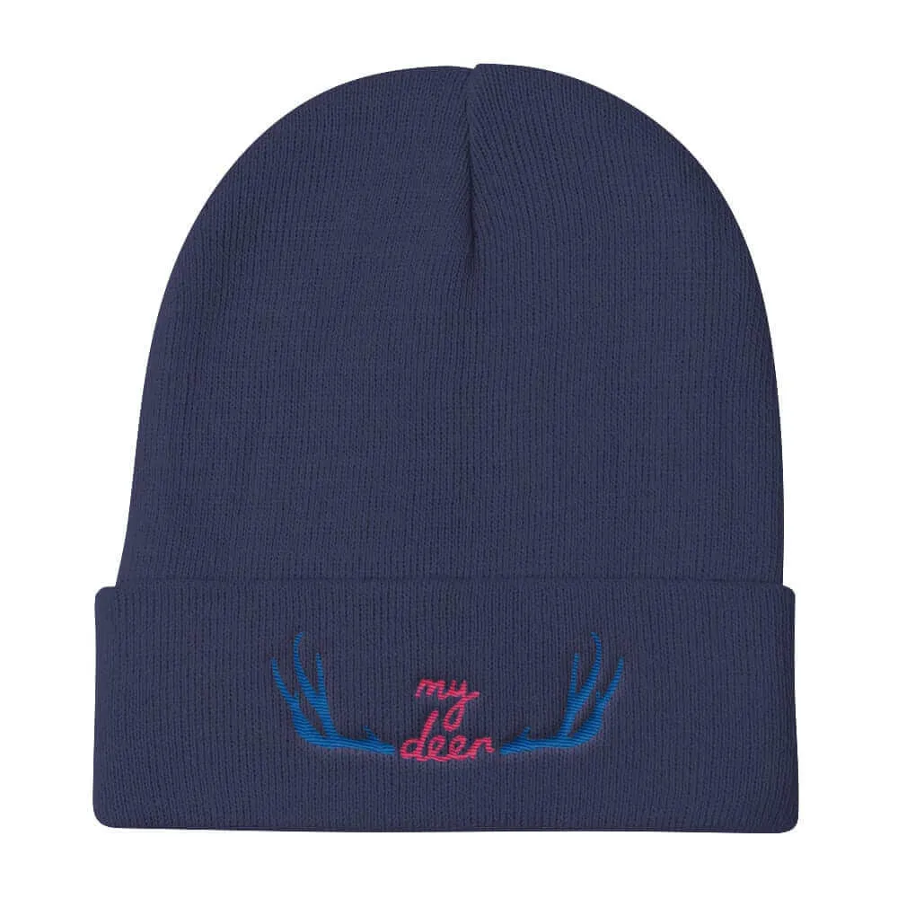 My Deer Embroidered Knit Beanie Hat