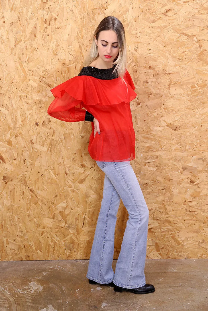 Nina Ricci Sheer Red Sheer Bardot Top
