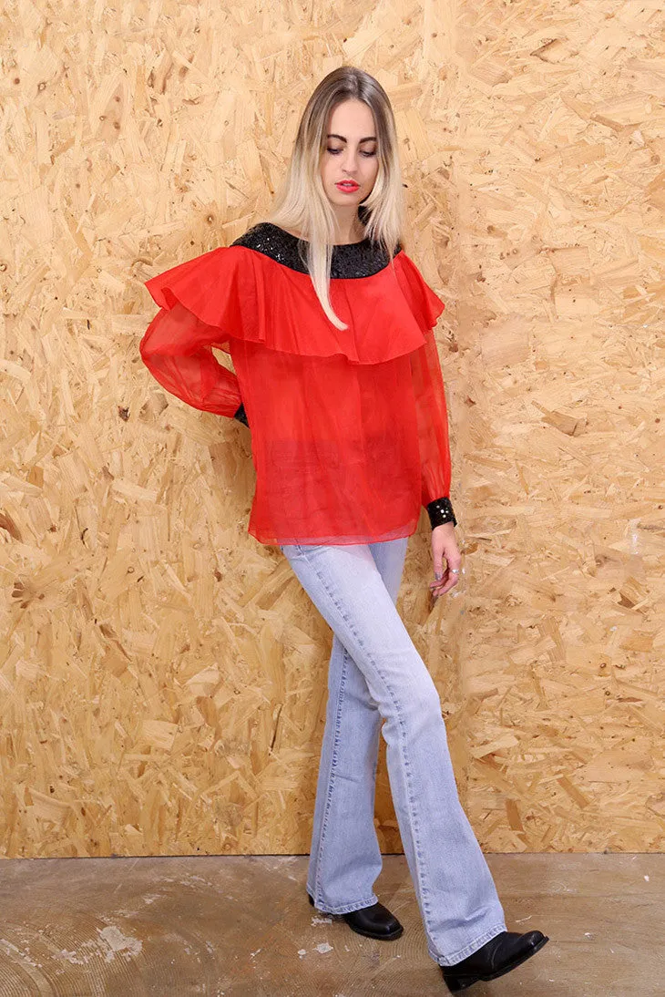 Nina Ricci Sheer Red Sheer Bardot Top