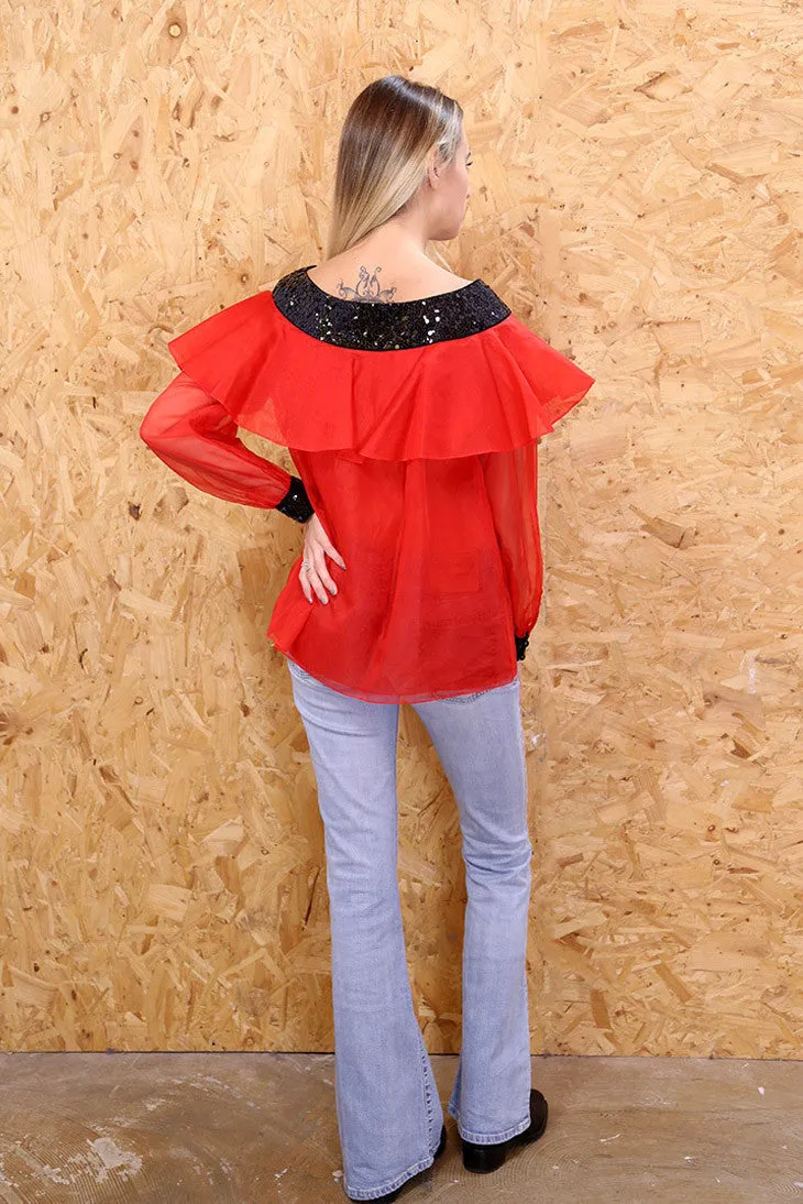Nina Ricci Sheer Red Sheer Bardot Top
