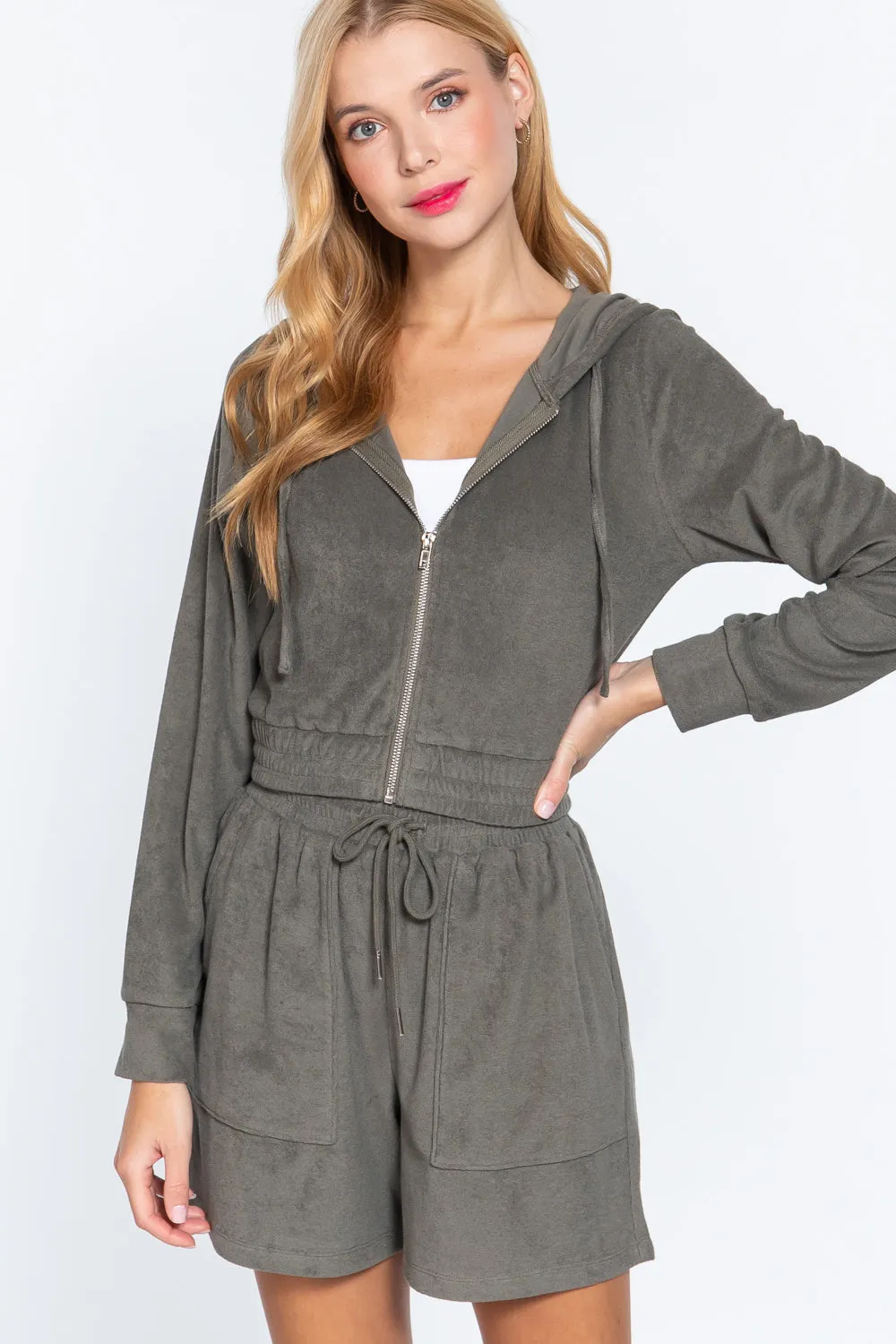 Olive Green Zip Up Crop Hoodie Terry Towelling Jacket_
