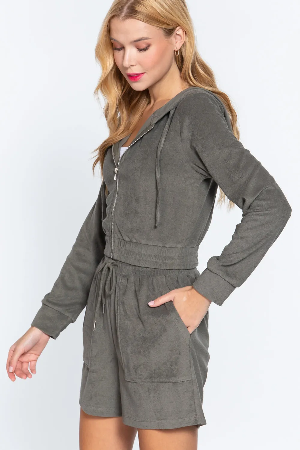 Olive Green Zip Up Crop Hoodie Terry Towelling Jacket_