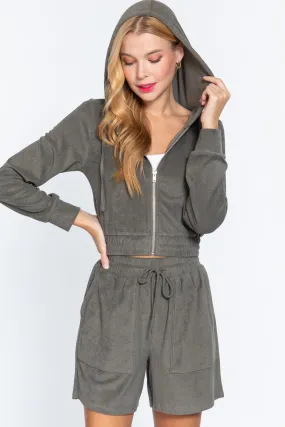 Olive Green Zip Up Crop Hoodie Terry Towelling Jacket_