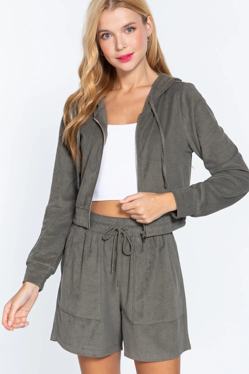 Olive Green Zip Up Crop Hoodie Terry Towelling Jacket_