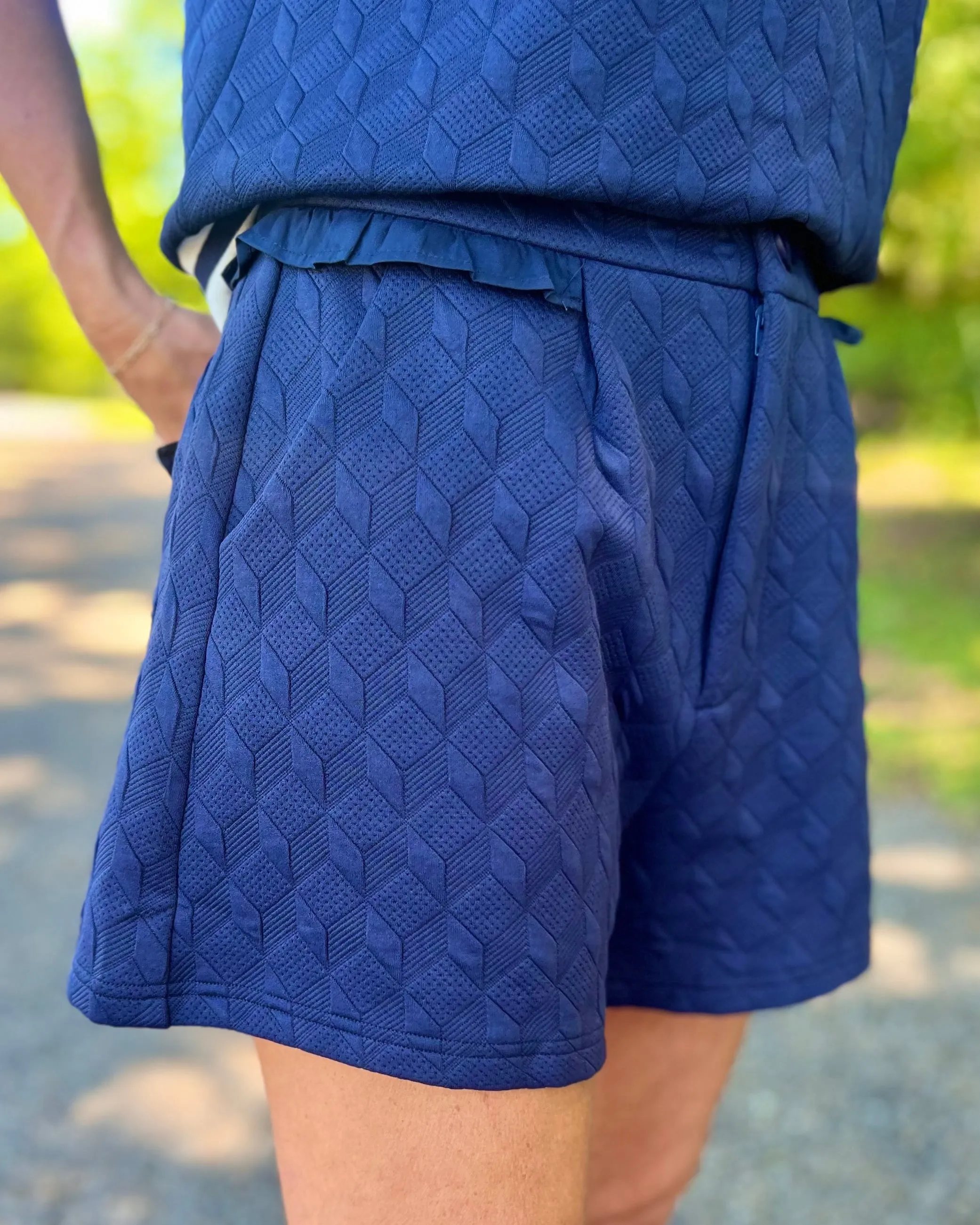 On Your Own Navy Ruffle Detailed High Waist Textured Knit Shorts 3 1/2" Inseam