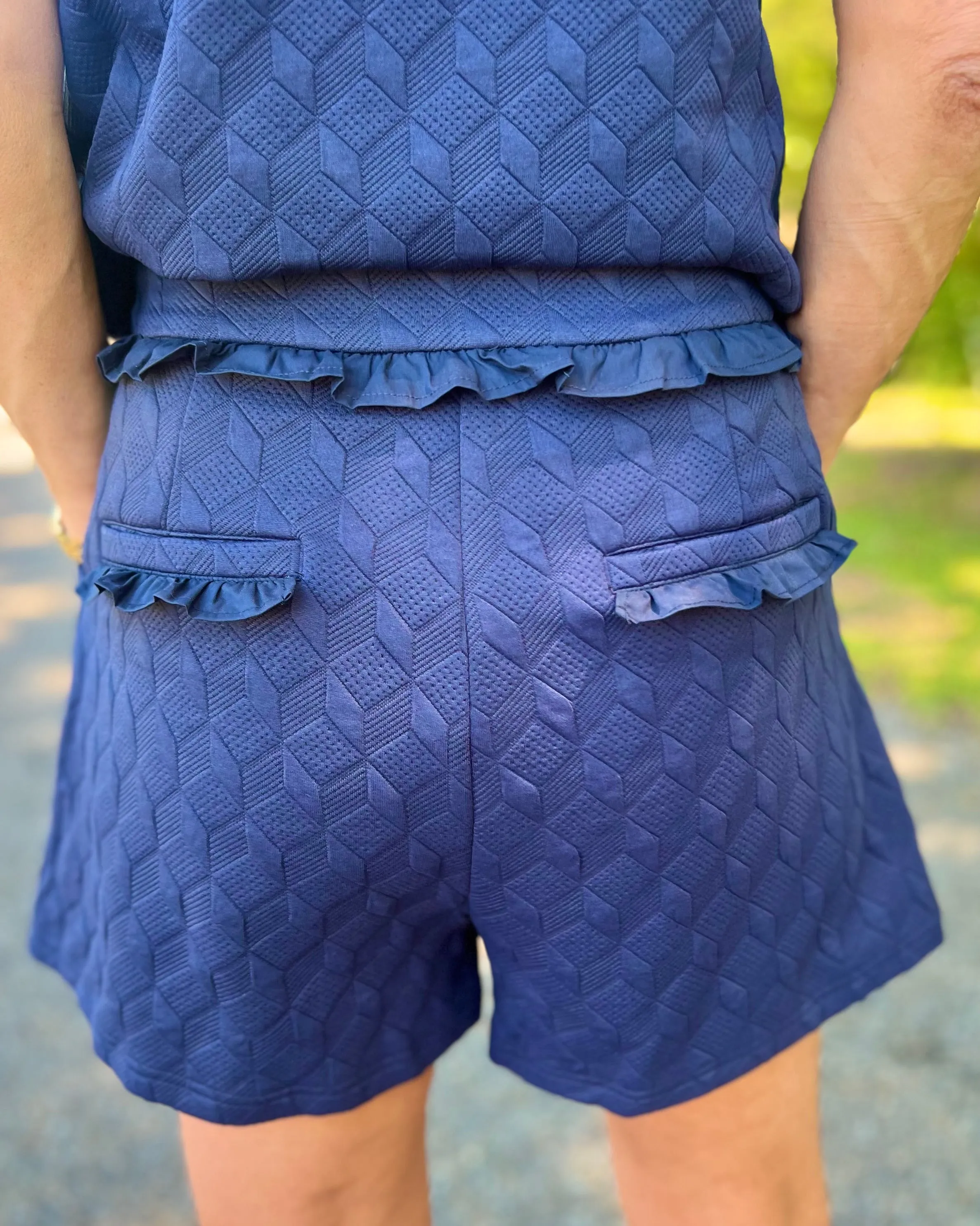 On Your Own Navy Ruffle Detailed High Waist Textured Knit Shorts 3 1/2" Inseam