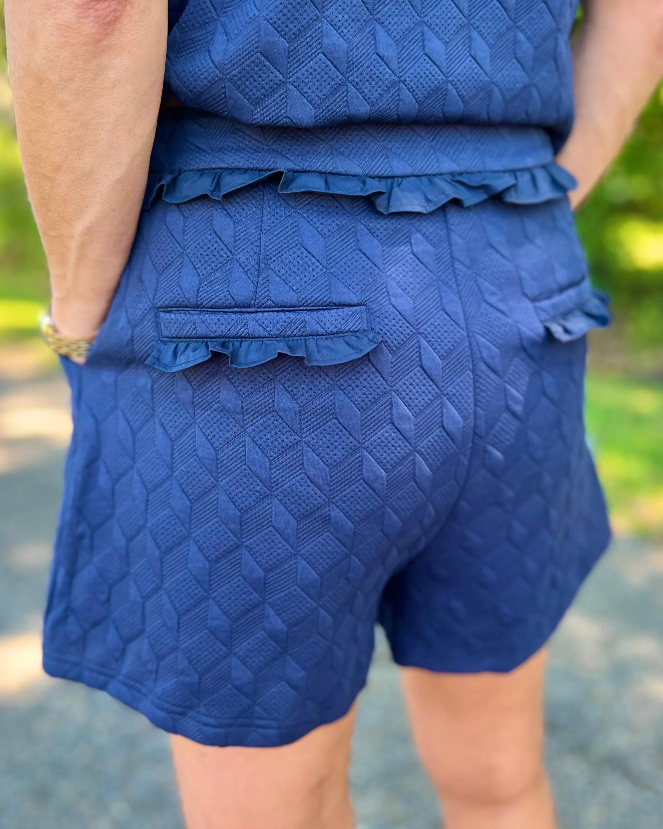 On Your Own Navy Ruffle Detailed High Waist Textured Knit Shorts 3 1/2" Inseam