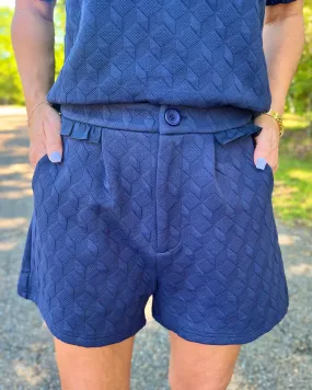On Your Own Navy Ruffle Detailed High Waist Textured Knit Shorts 3 1/2" Inseam