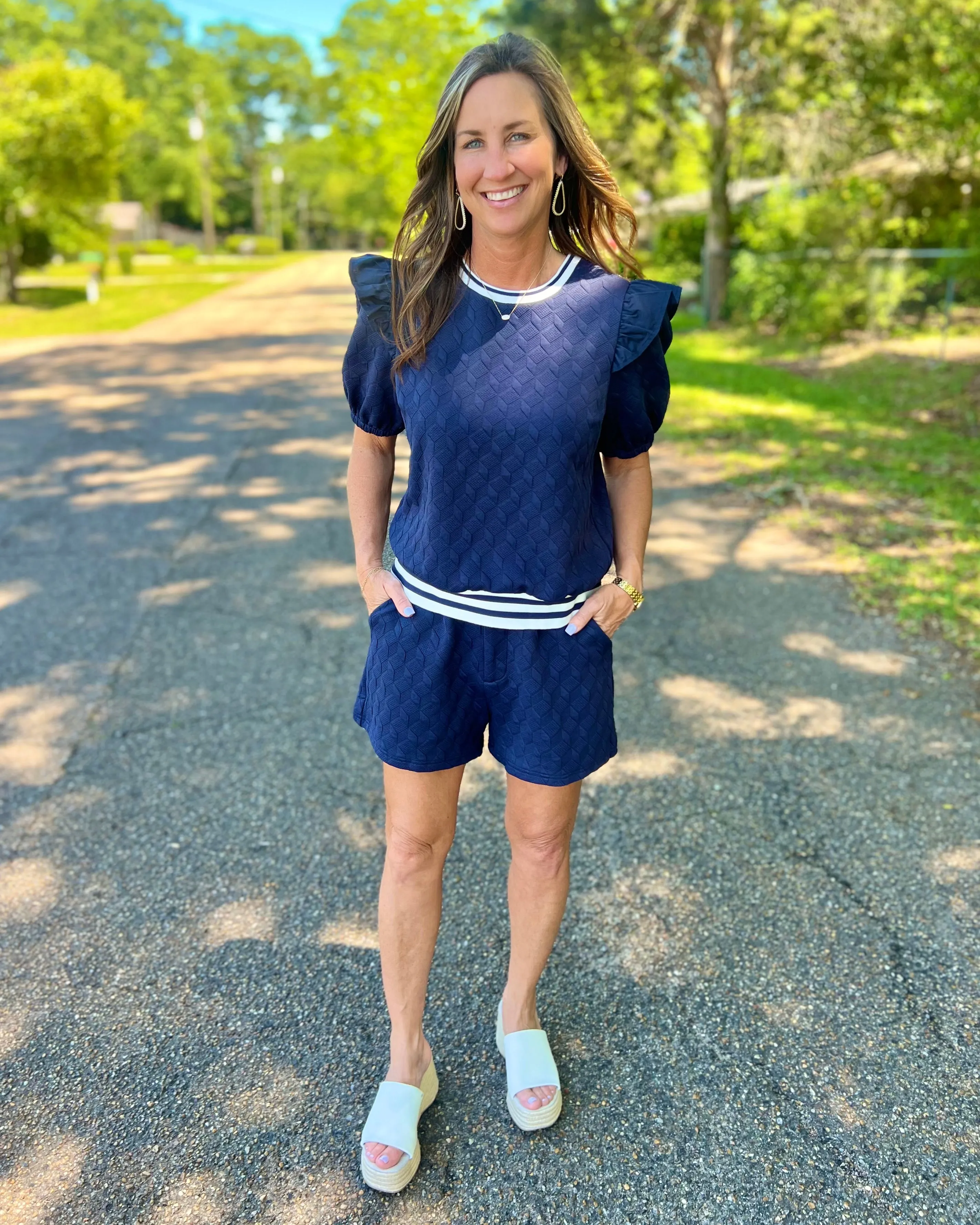On Your Own Navy Ruffle Detailed High Waist Textured Knit Shorts 3 1/2" Inseam