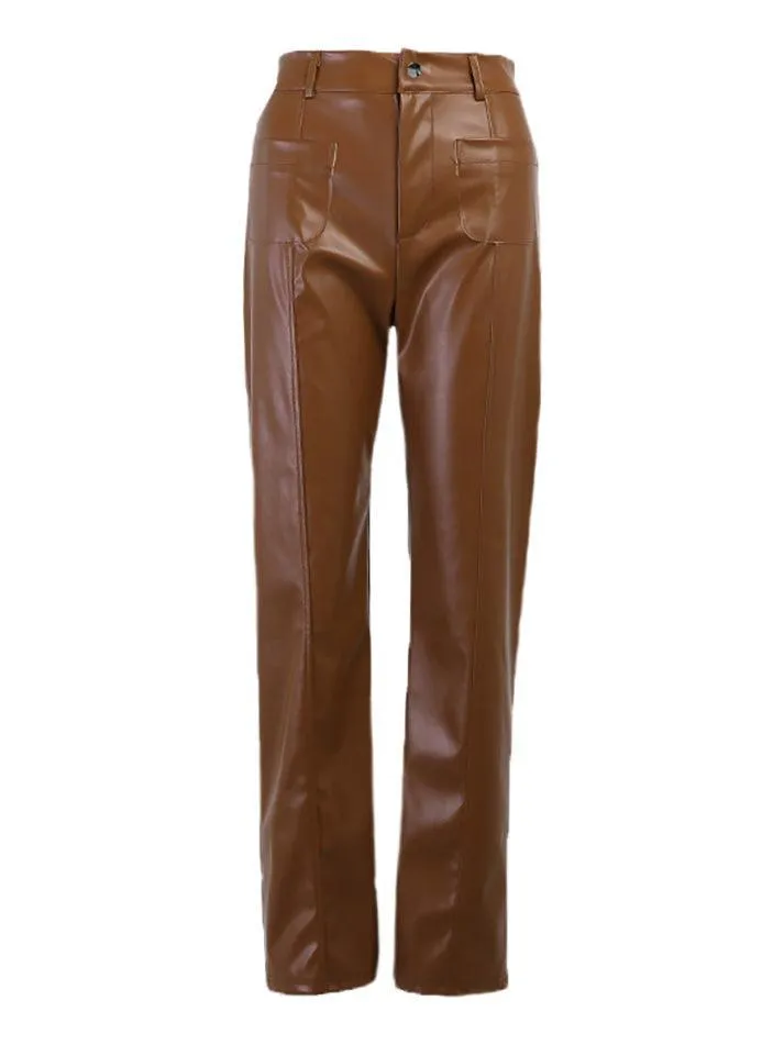 Pu High Waist Straight Pants