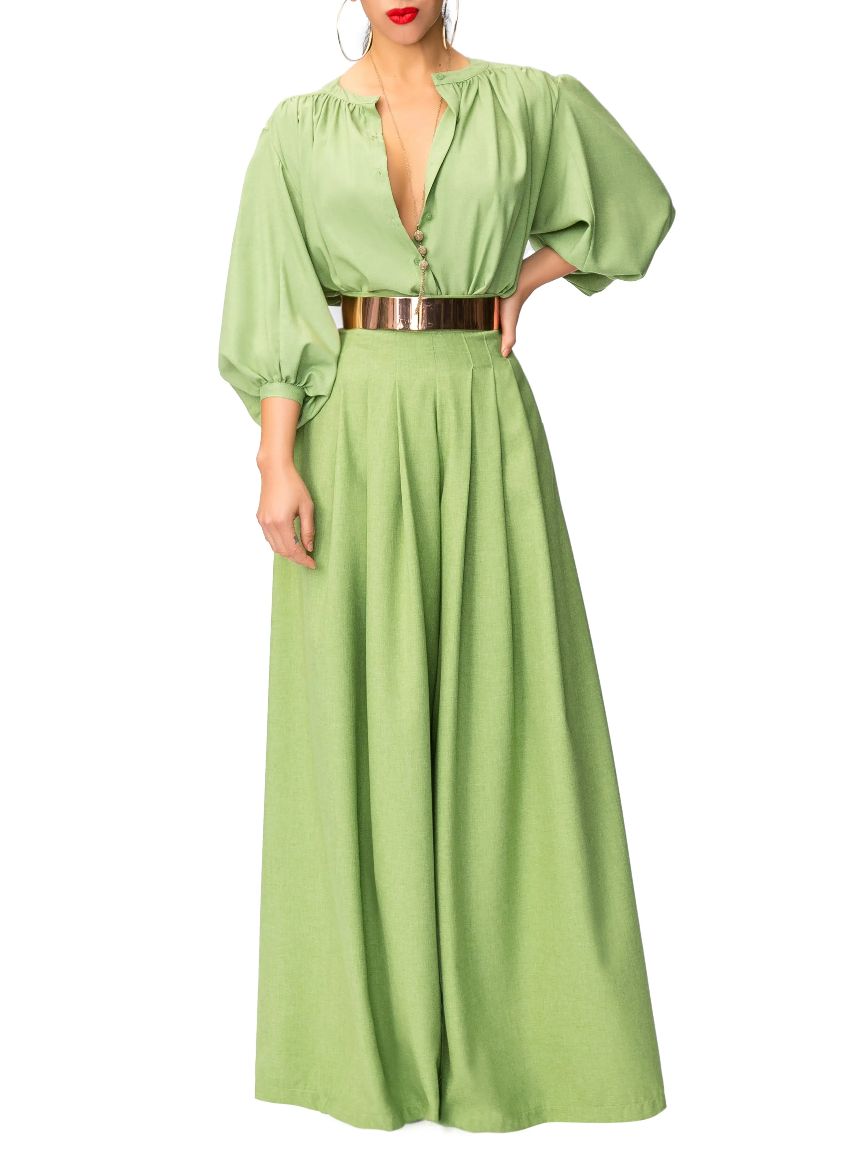 "Jagger" Green Pleated High Waist Pants