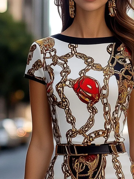 Retro Chain Pattern Print Short Sleeve Pencil Dress