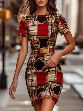 Retro Plaid and Golden Chain Patchwork Bodycon Dress