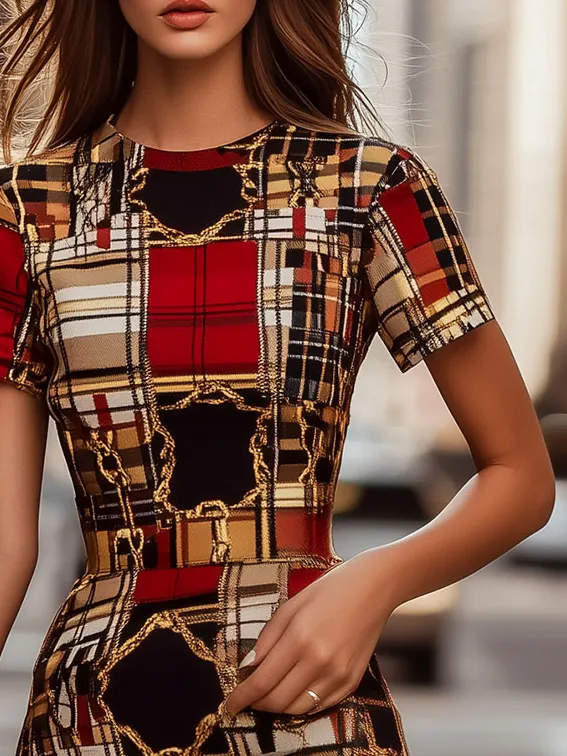 Retro Plaid and Golden Chain Patchwork Bodycon Dress