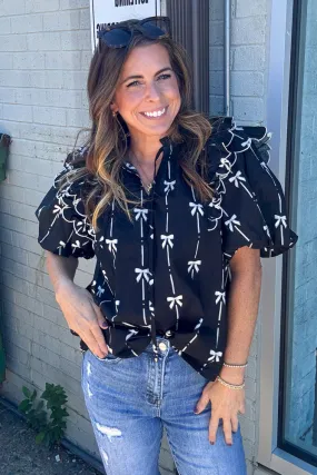 Ruffled Tie Front Bow Top-Black