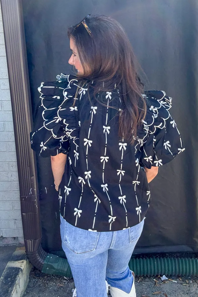 Ruffled Tie Front Bow Top-Black