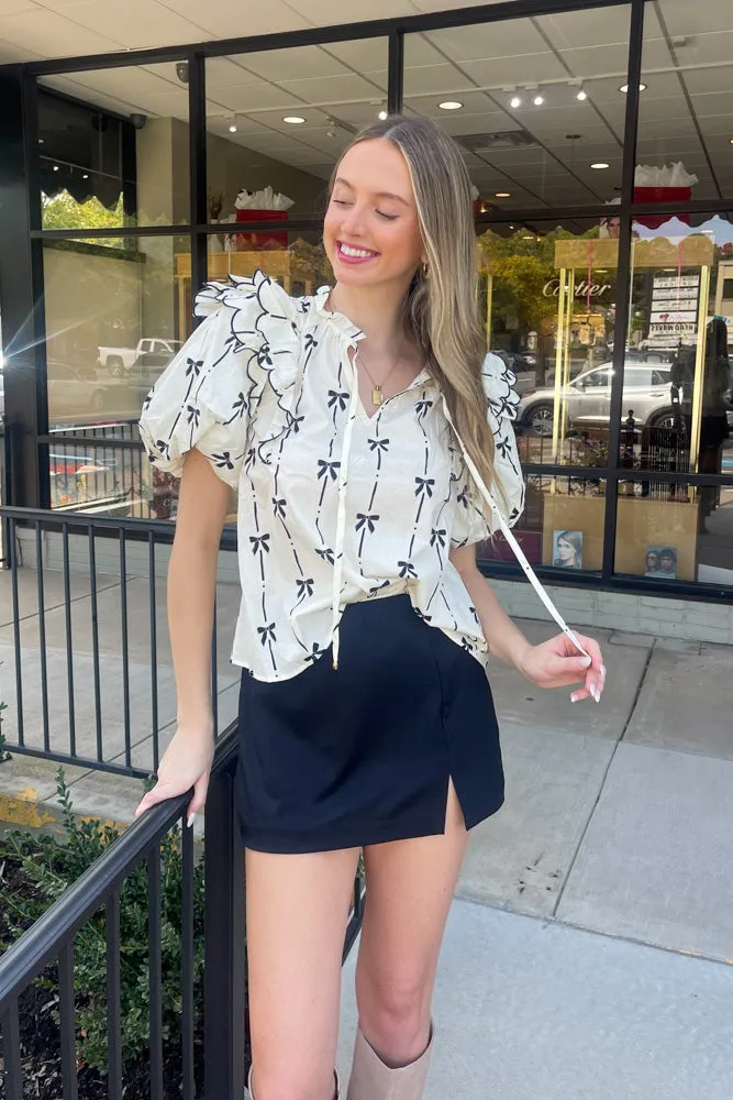 Ruffled Tie Front Bow Top-Cream