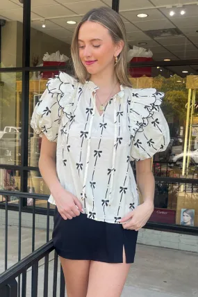 Ruffled Tie Front Bow Top-Cream