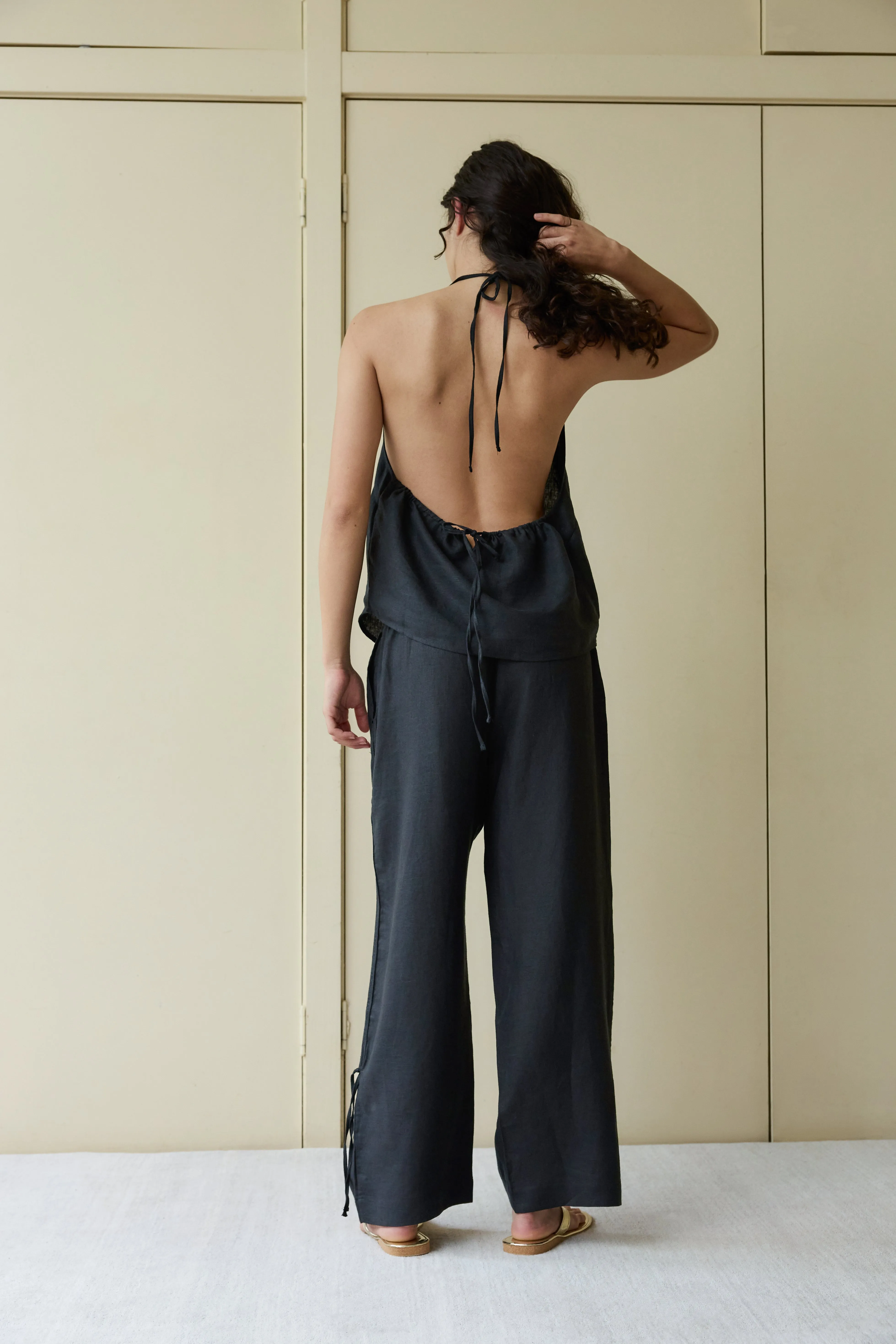 Side Stripe Linen Pant - Black