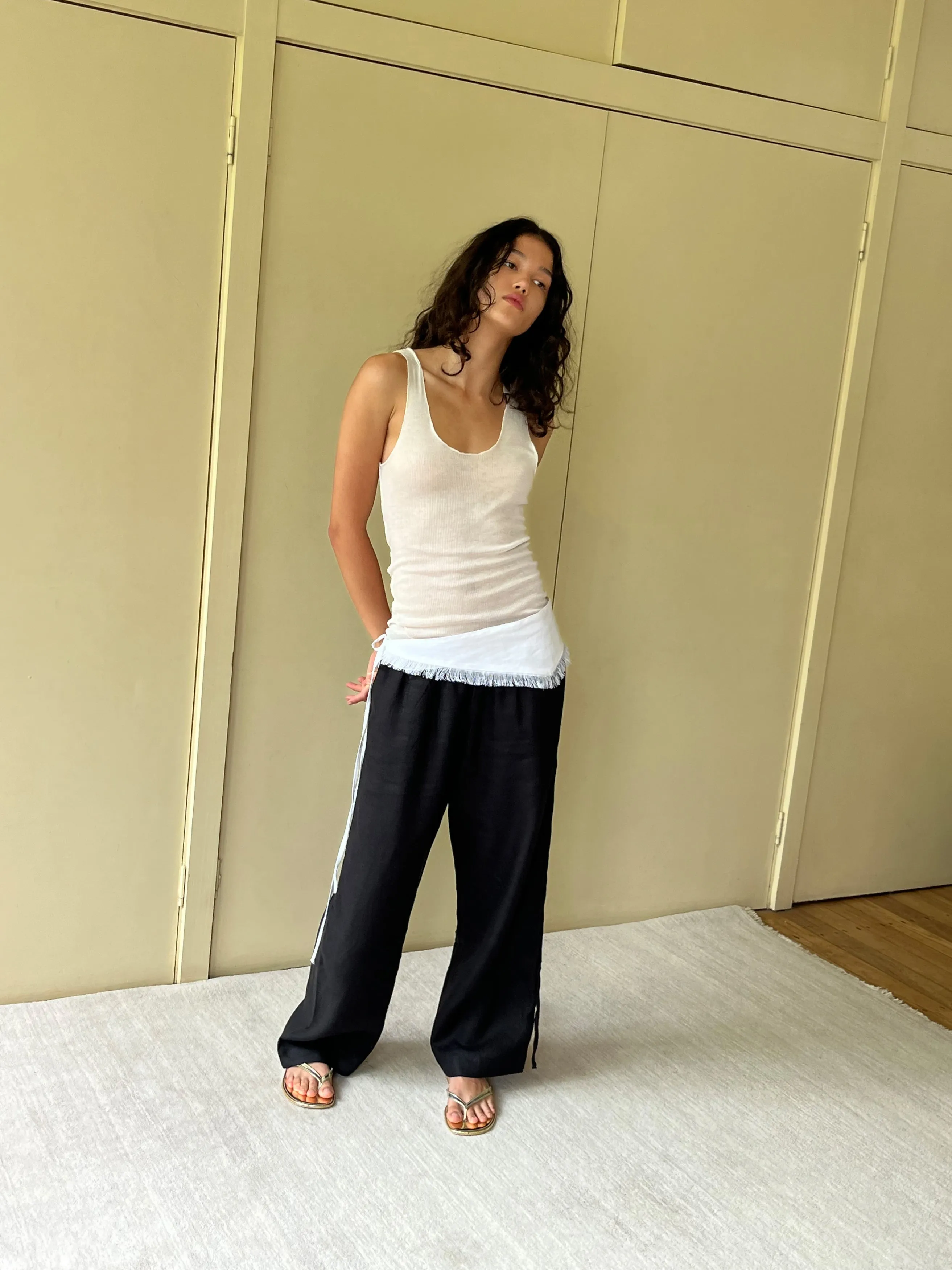 Side Stripe Linen Pant - Black