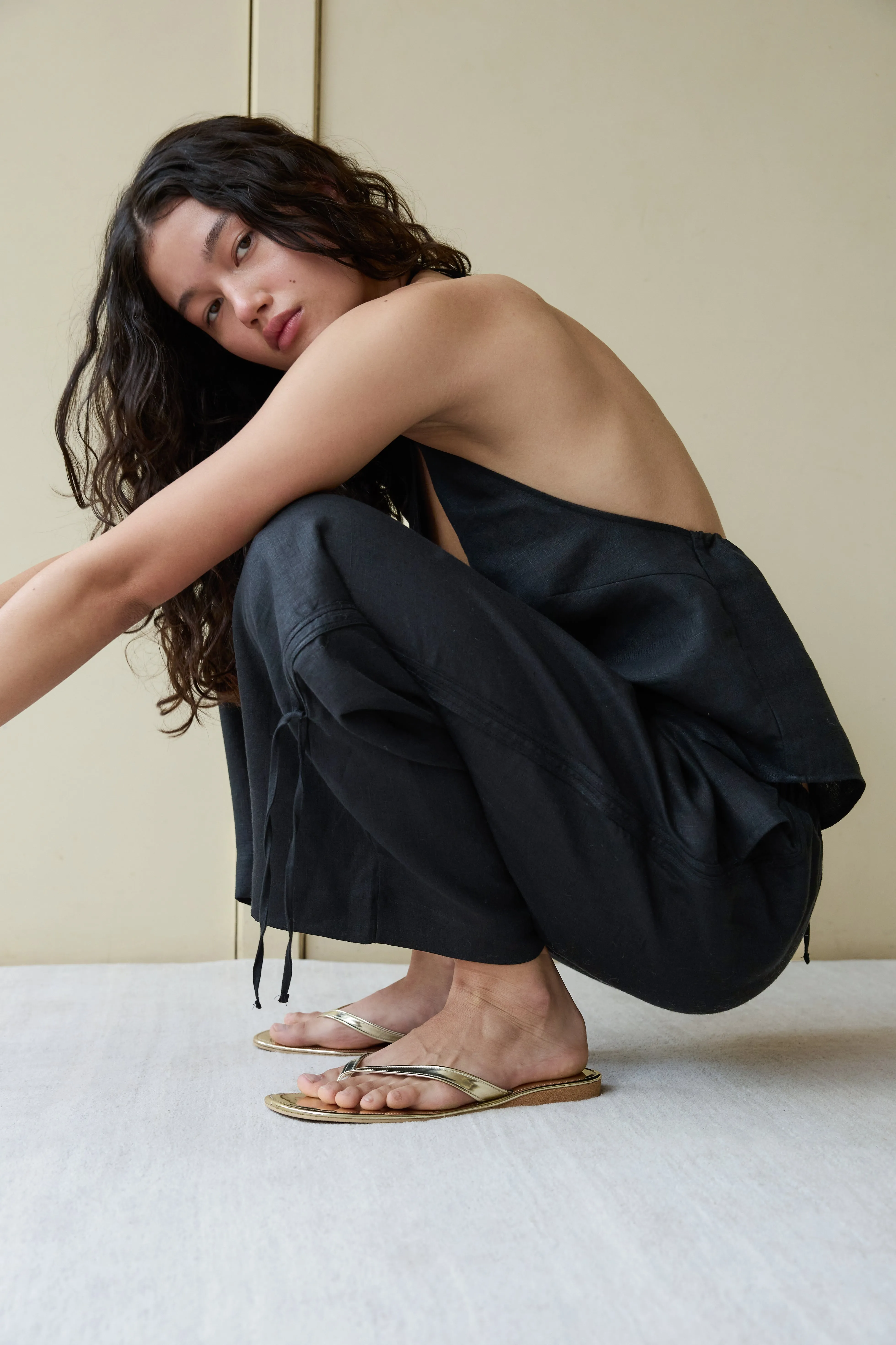 Side Stripe Linen Pant - Black