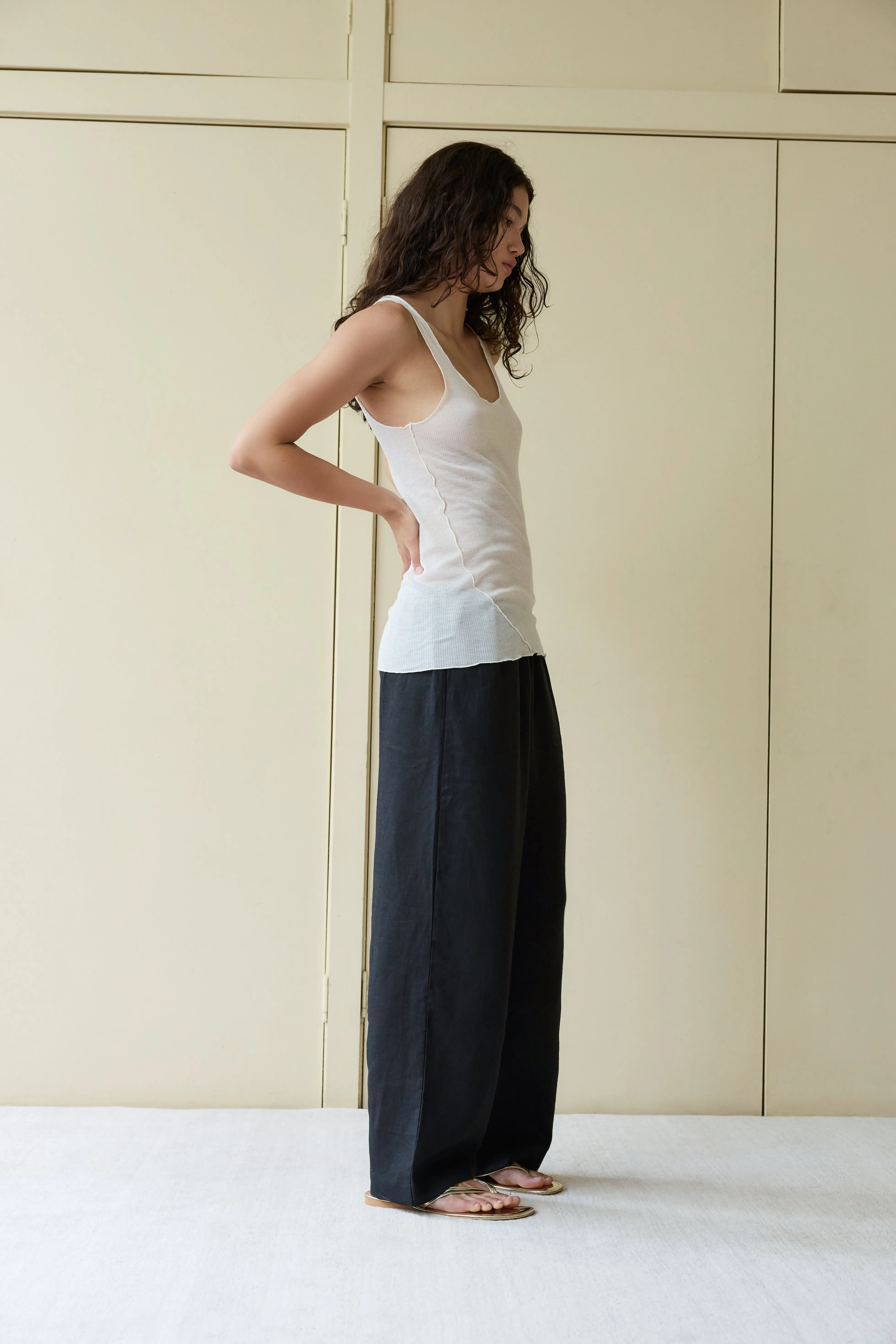 Side Stripe Linen Pant - Black