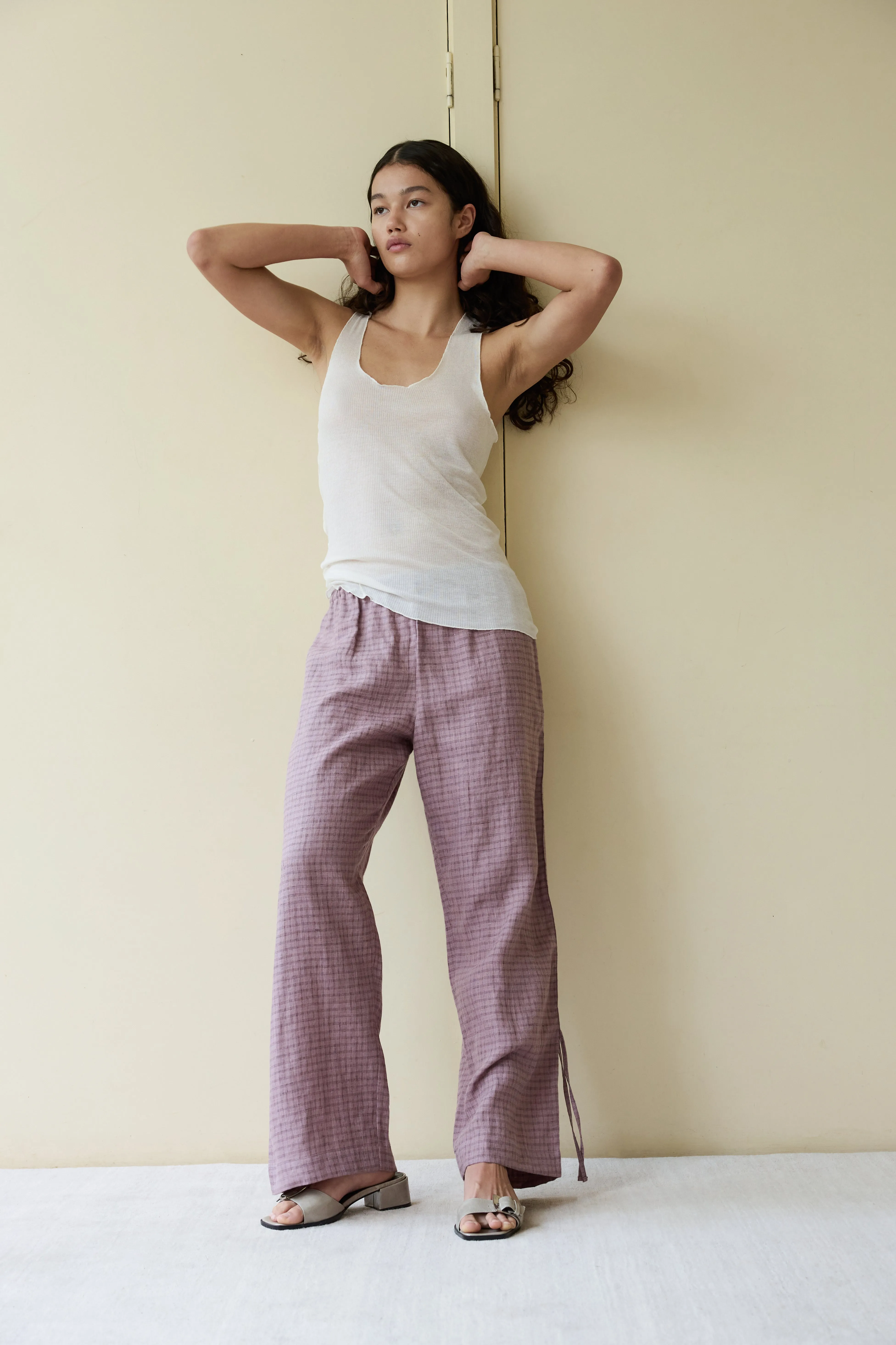 Side Stripe Linen Pant - Musk Check