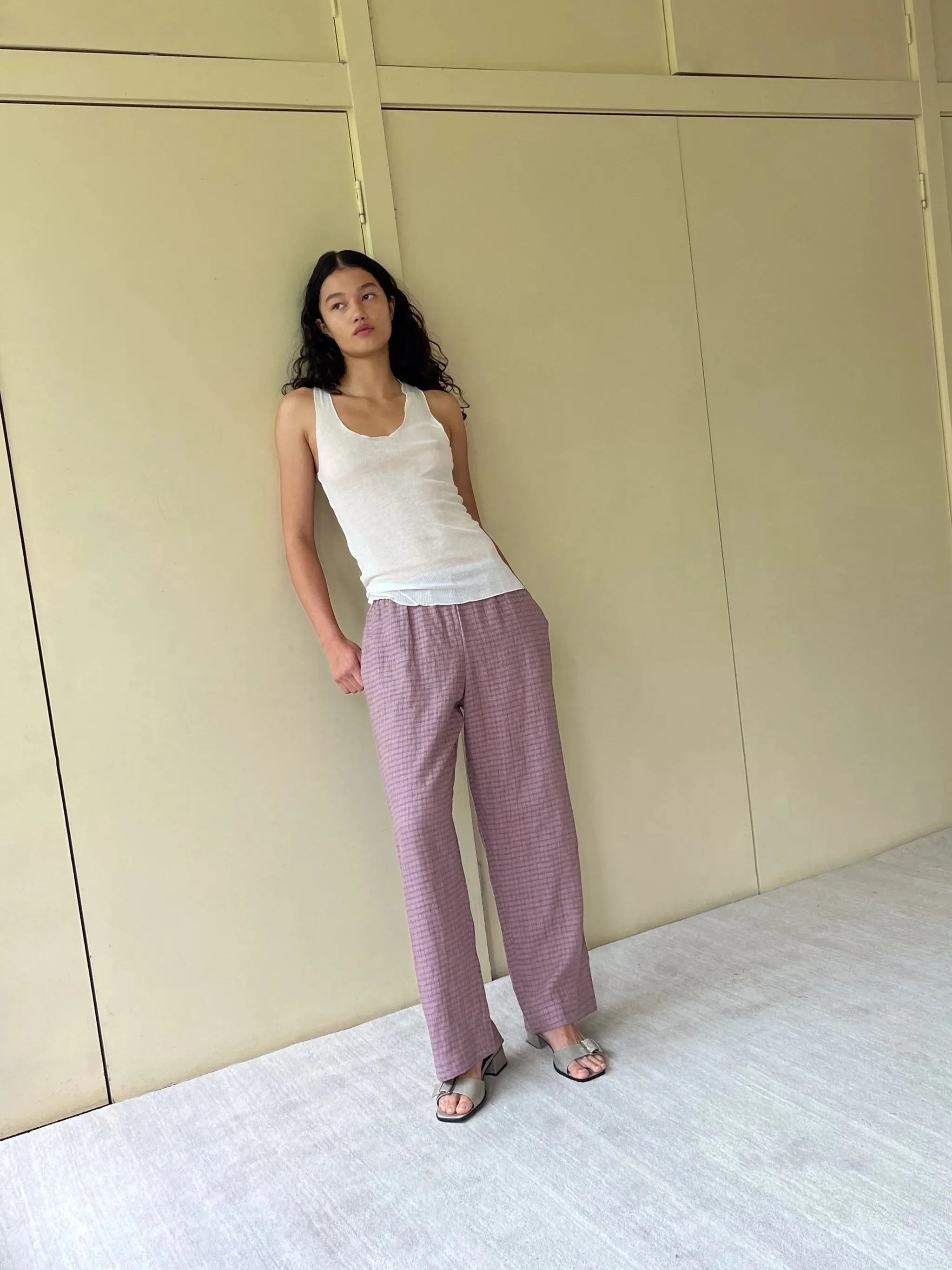 Side Stripe Linen Pant - Musk Check
