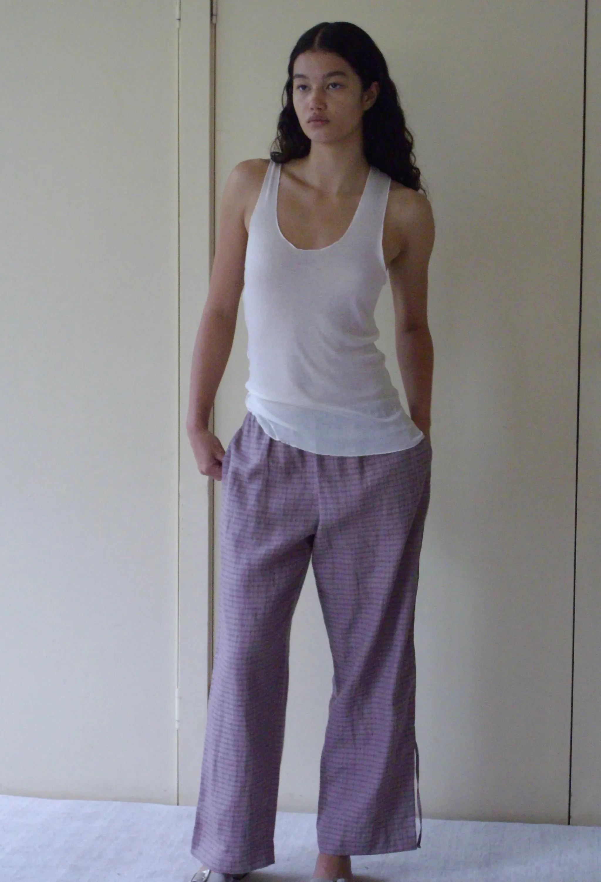 Side Stripe Linen Pant - Musk Check