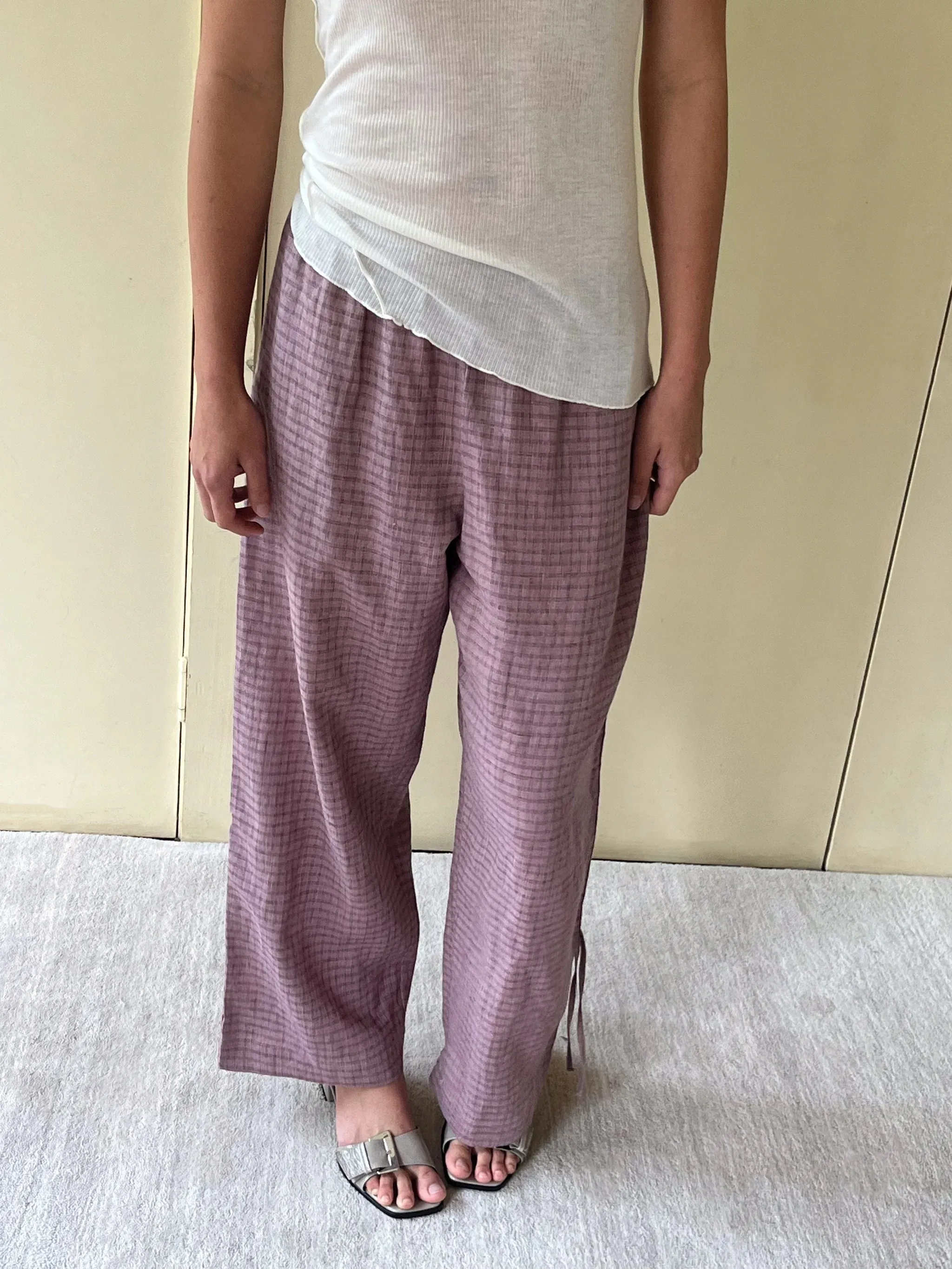 Side Stripe Linen Pant - Musk Check