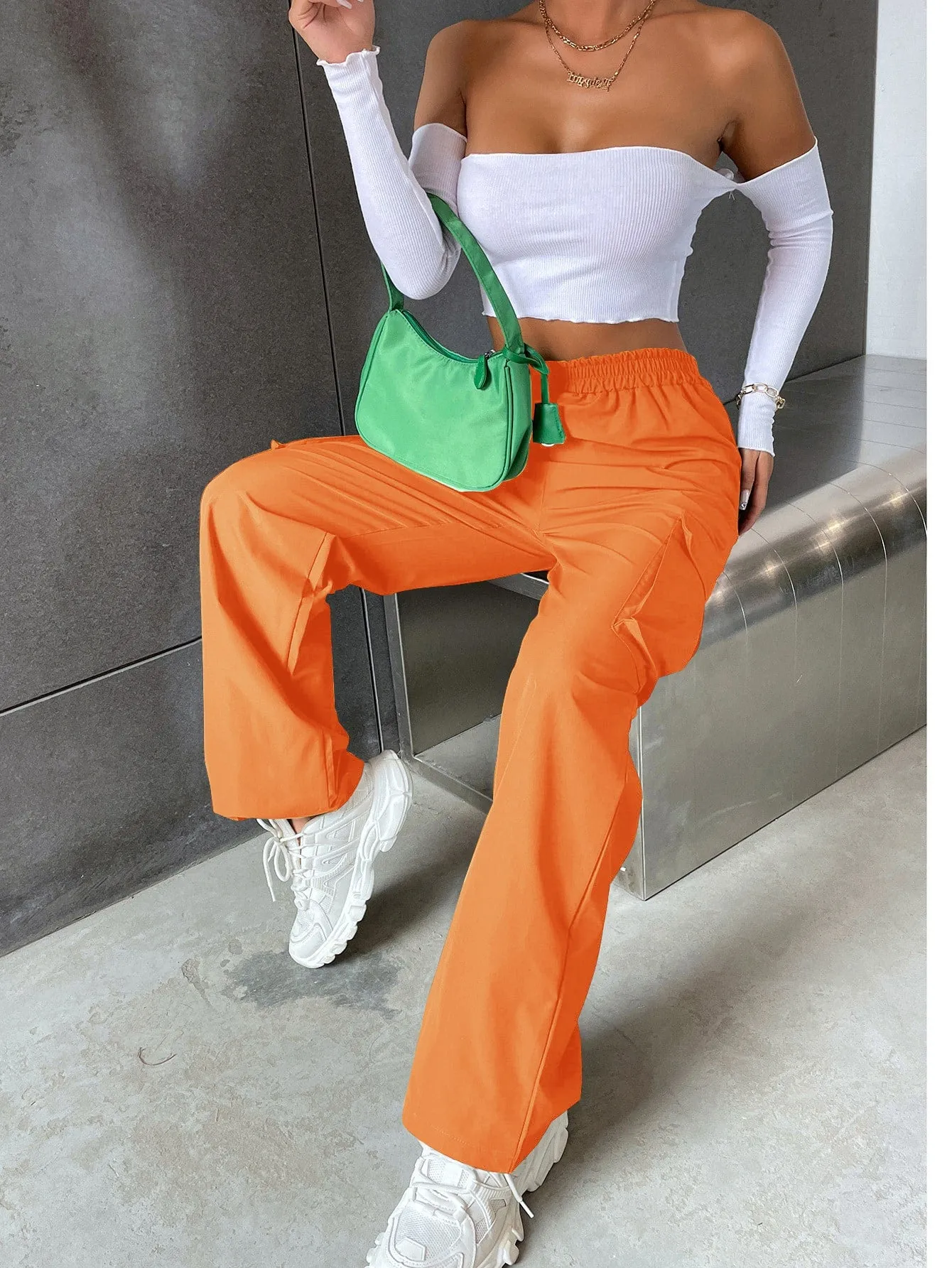 Solid High Waist Flap Pocket Cargo Pants ss22
