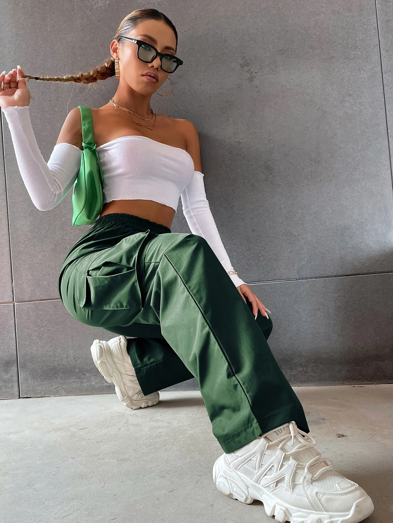 Solid High Waist Flap Pocket Cargo Pants ss22