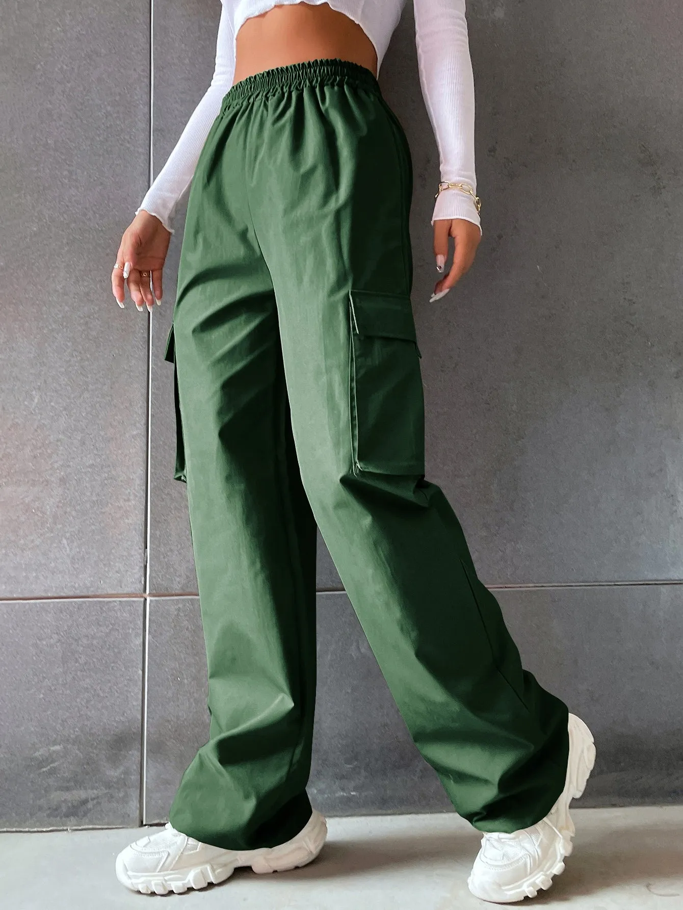 Solid High Waist Flap Pocket Cargo Pants ss22
