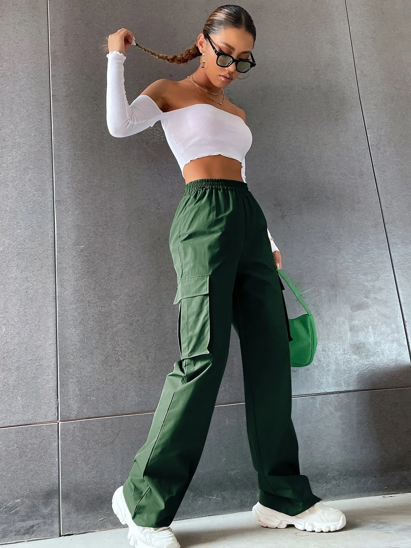 Solid High Waist Flap Pocket Cargo Pants ss22