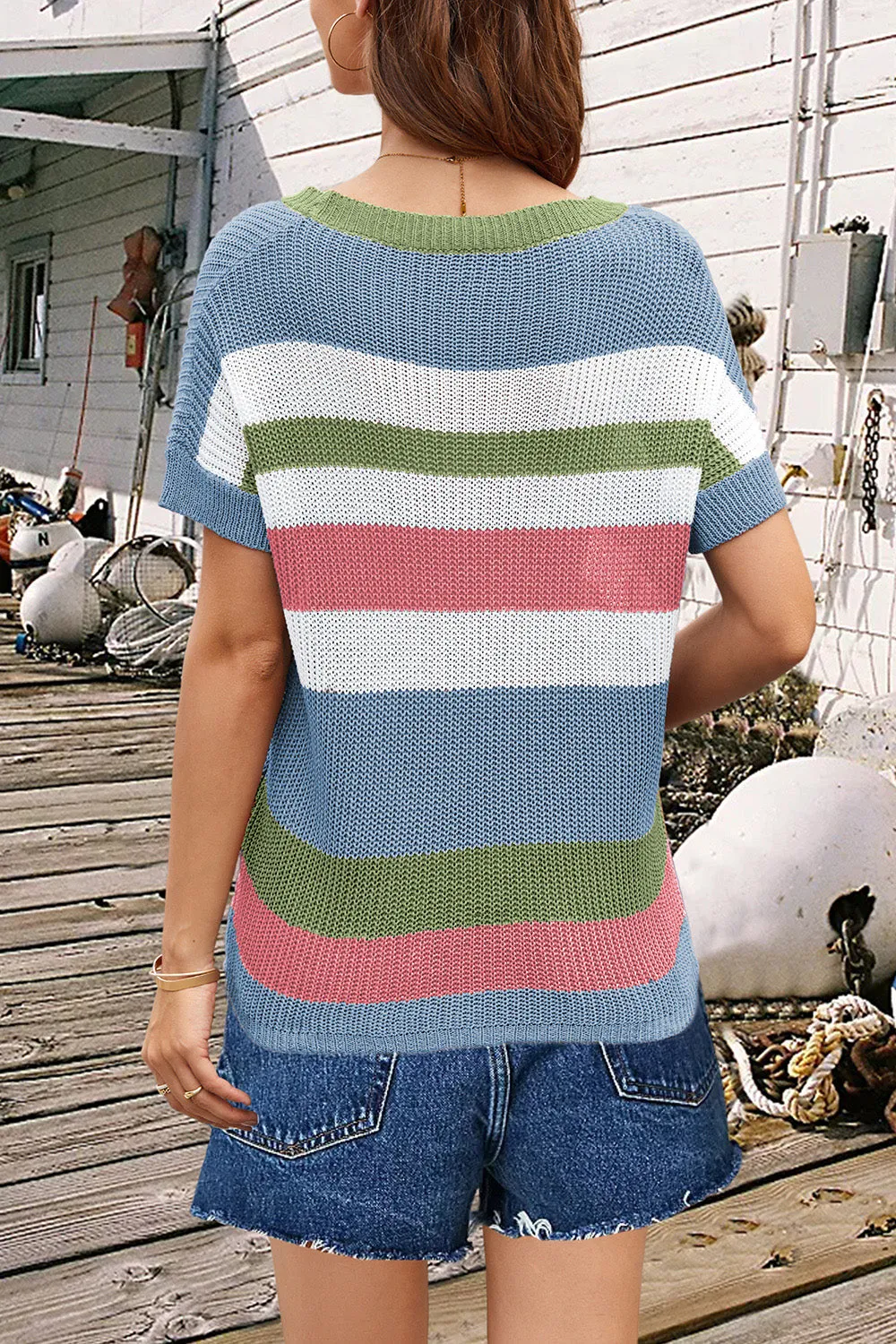 Striped Round Neck Short Sleeve Knit Top • More Colors