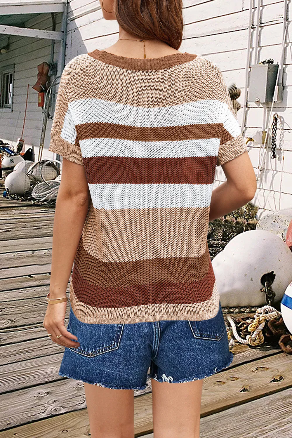 Striped Round Neck Short Sleeve Knit Top • More Colors