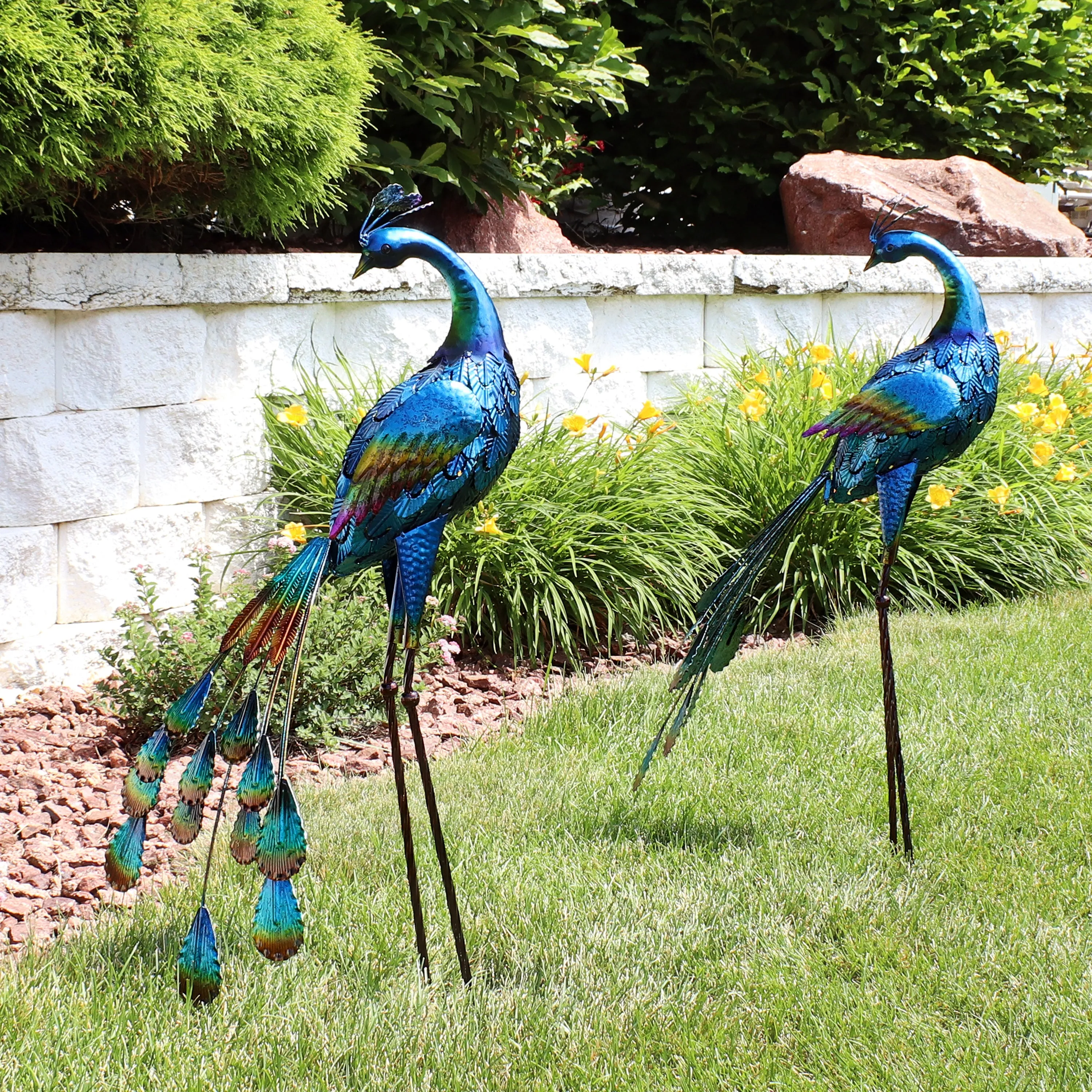 Sunnydaze Metal Peacock Garden Statue - 34" - Set of 2