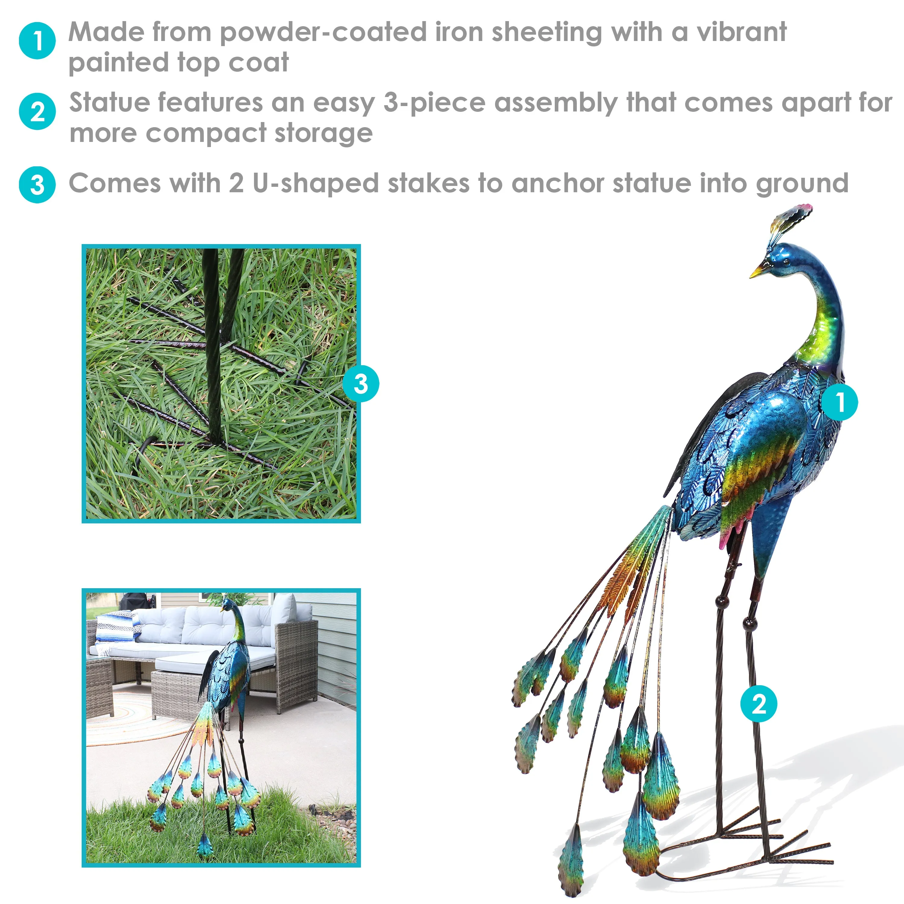 Sunnydaze Metal Peacock Garden Statue - 34" - Set of 2
