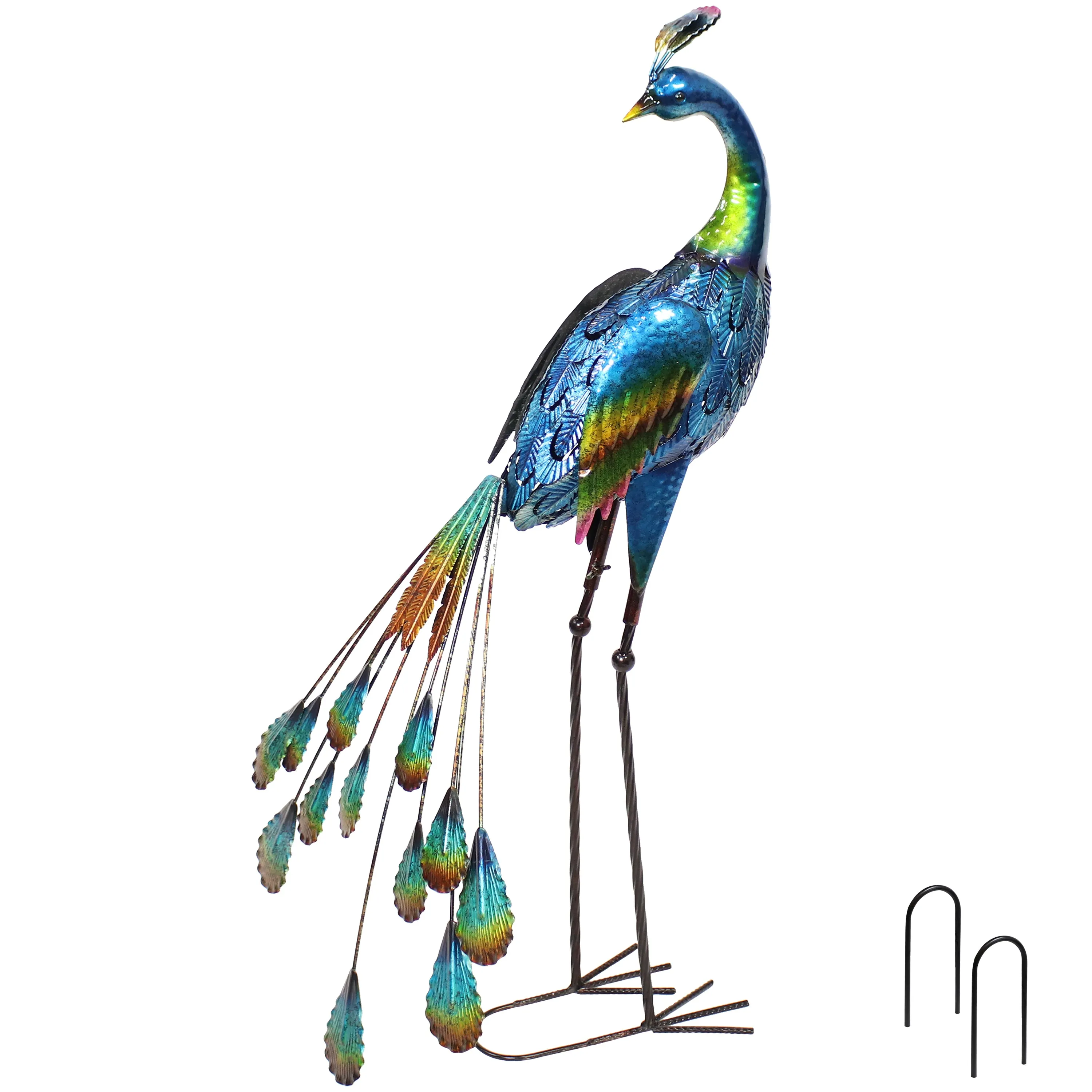 Sunnydaze Metal Peacock Garden Statue - 34" - Set of 2