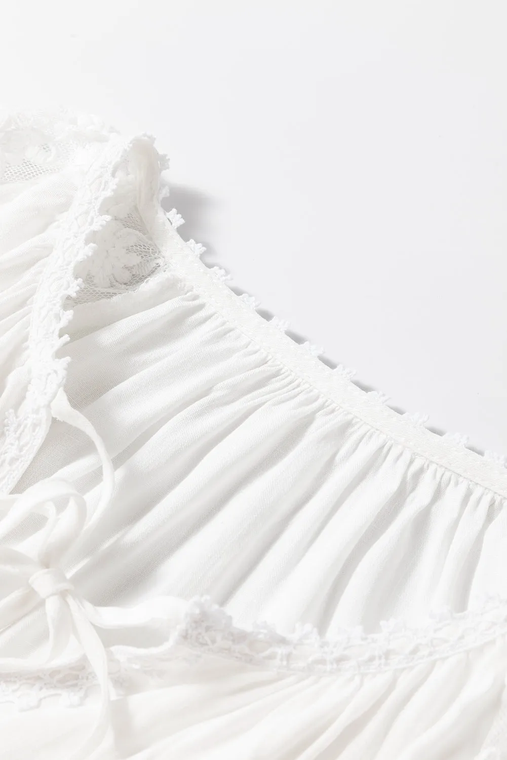 TEEK - White Lace Detail Tie Neck Long Sleeve Blouse