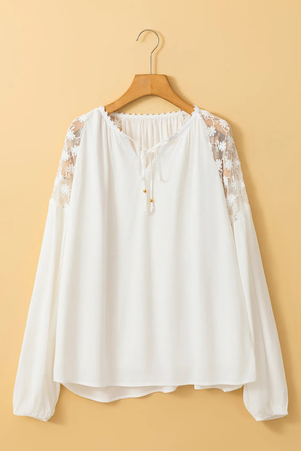 TEEK - White Lace Detail Tie Neck Long Sleeve Blouse