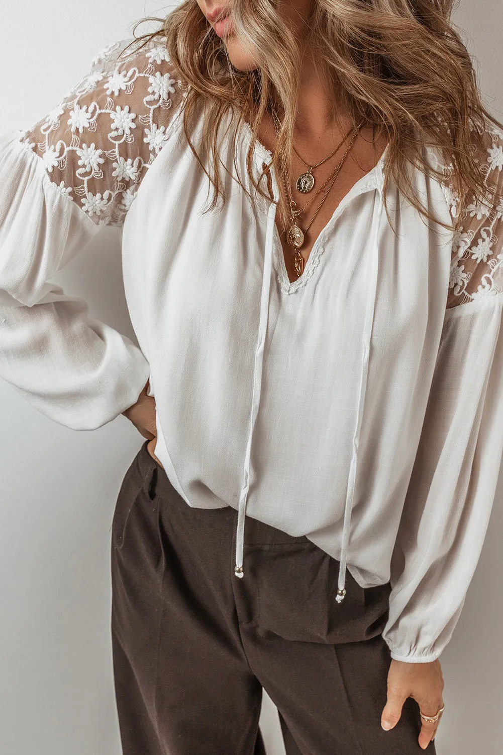 TEEK - White Lace Detail Tie Neck Long Sleeve Blouse