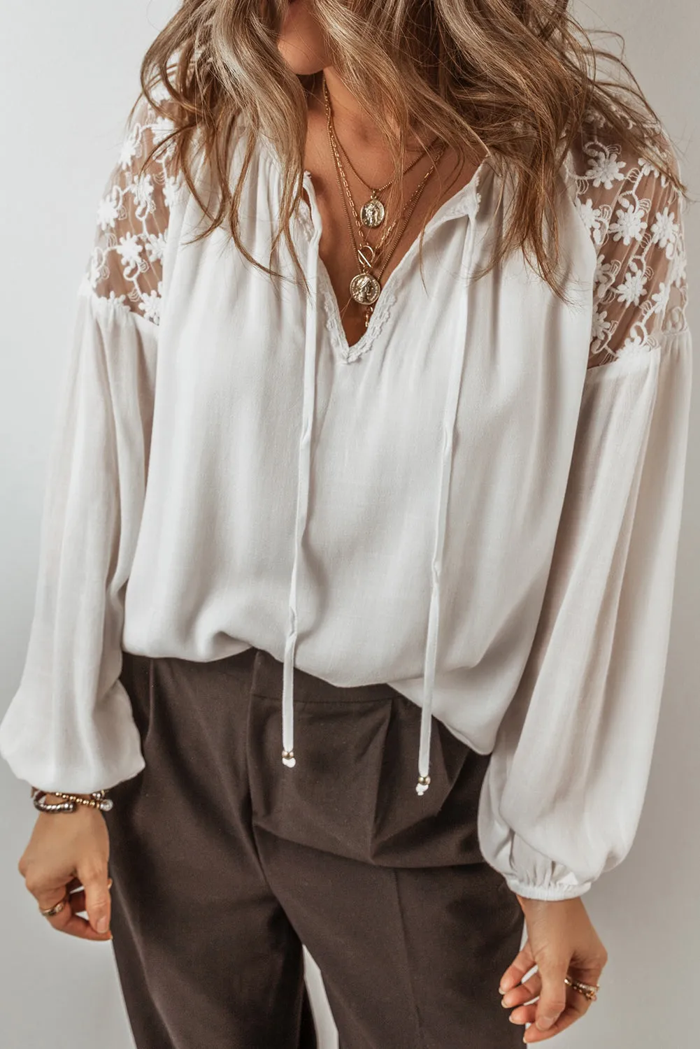 TEEK - White Lace Detail Tie Neck Long Sleeve Blouse