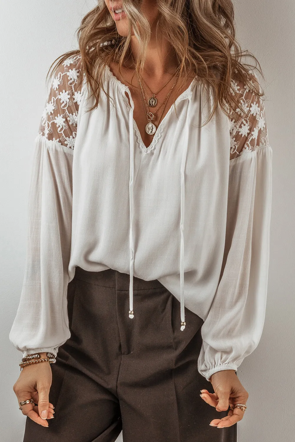 TEEK - White Lace Detail Tie Neck Long Sleeve Blouse