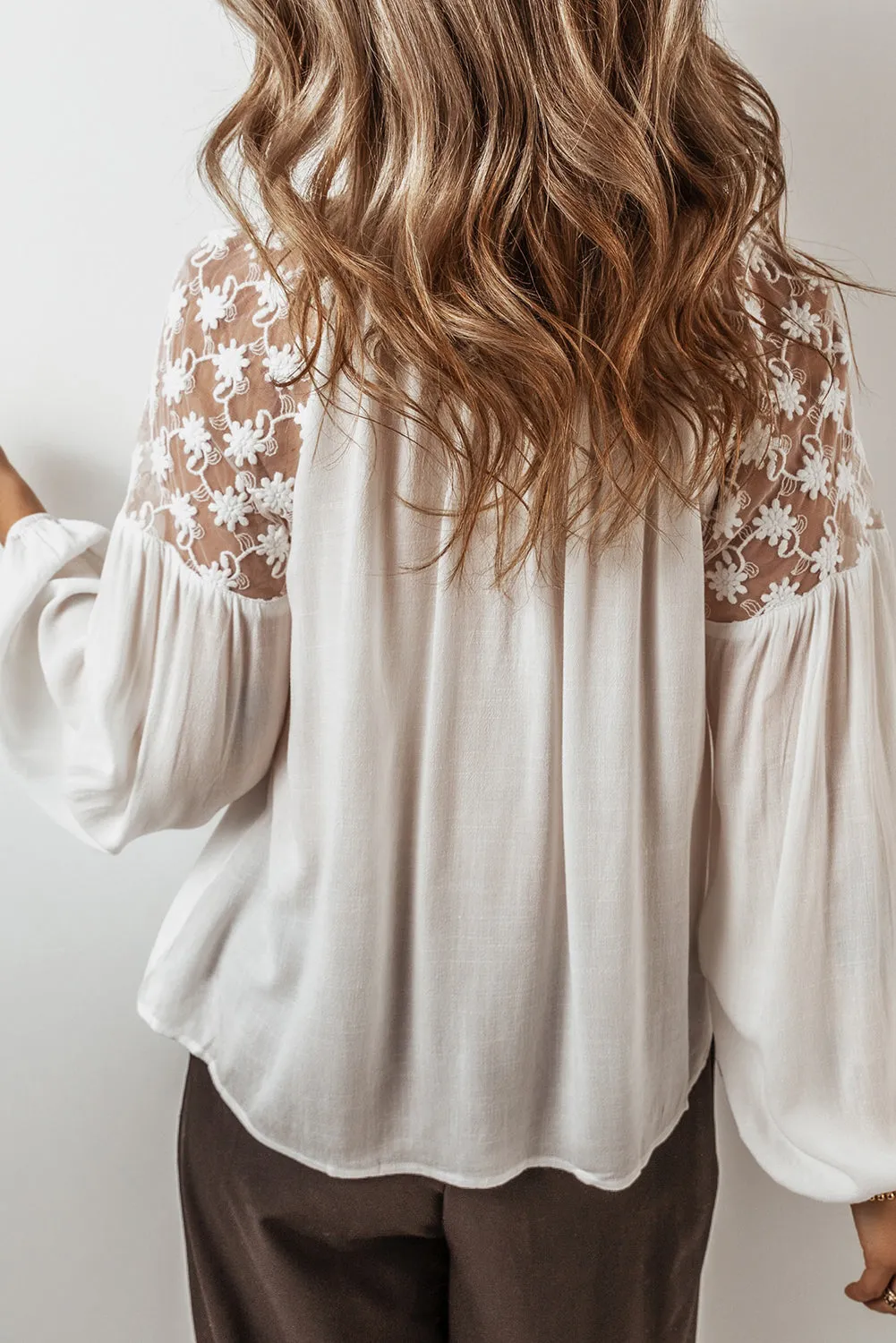 TEEK - White Lace Detail Tie Neck Long Sleeve Blouse
