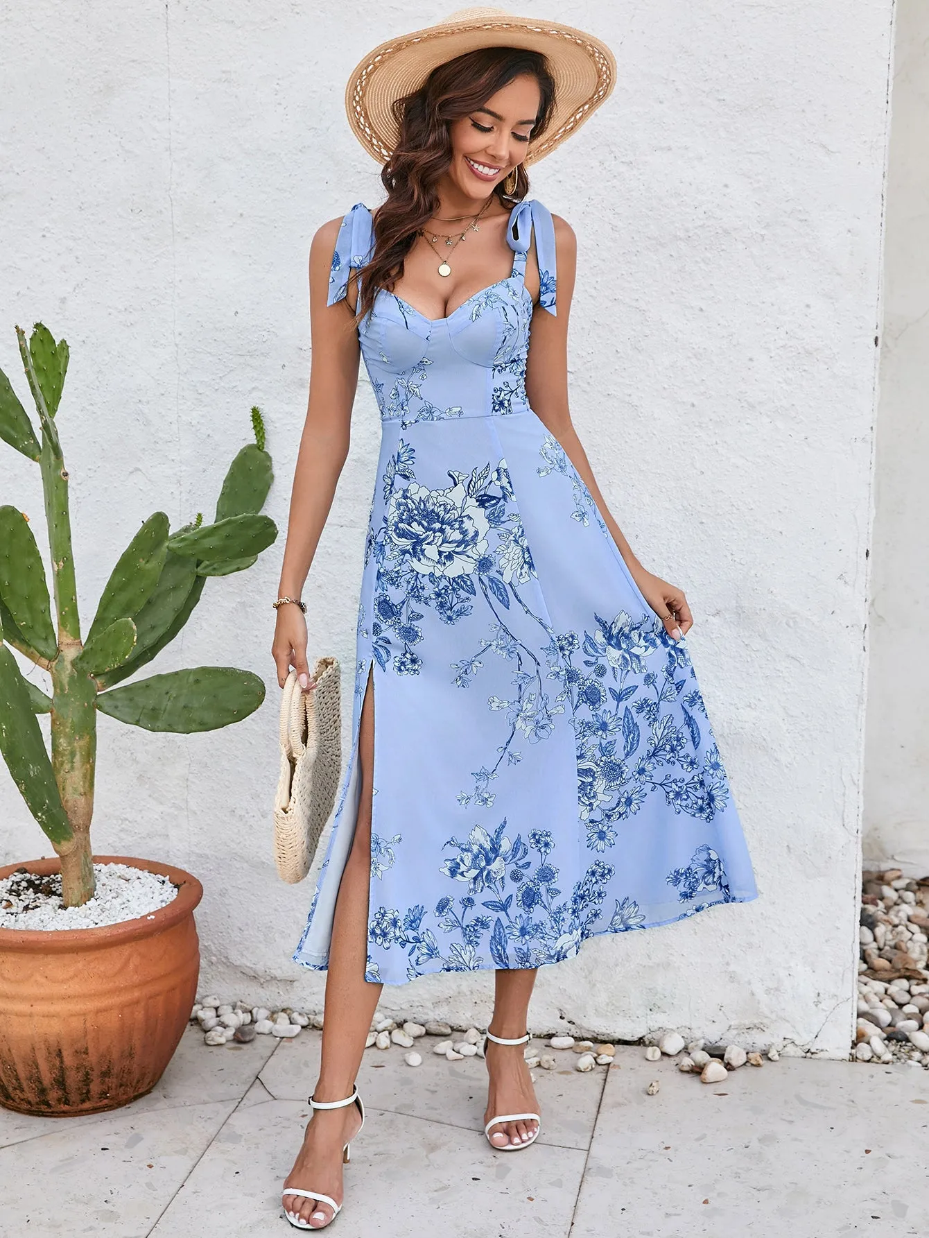 Tie Shoulder Backless Floral Print Slit Hem Dress