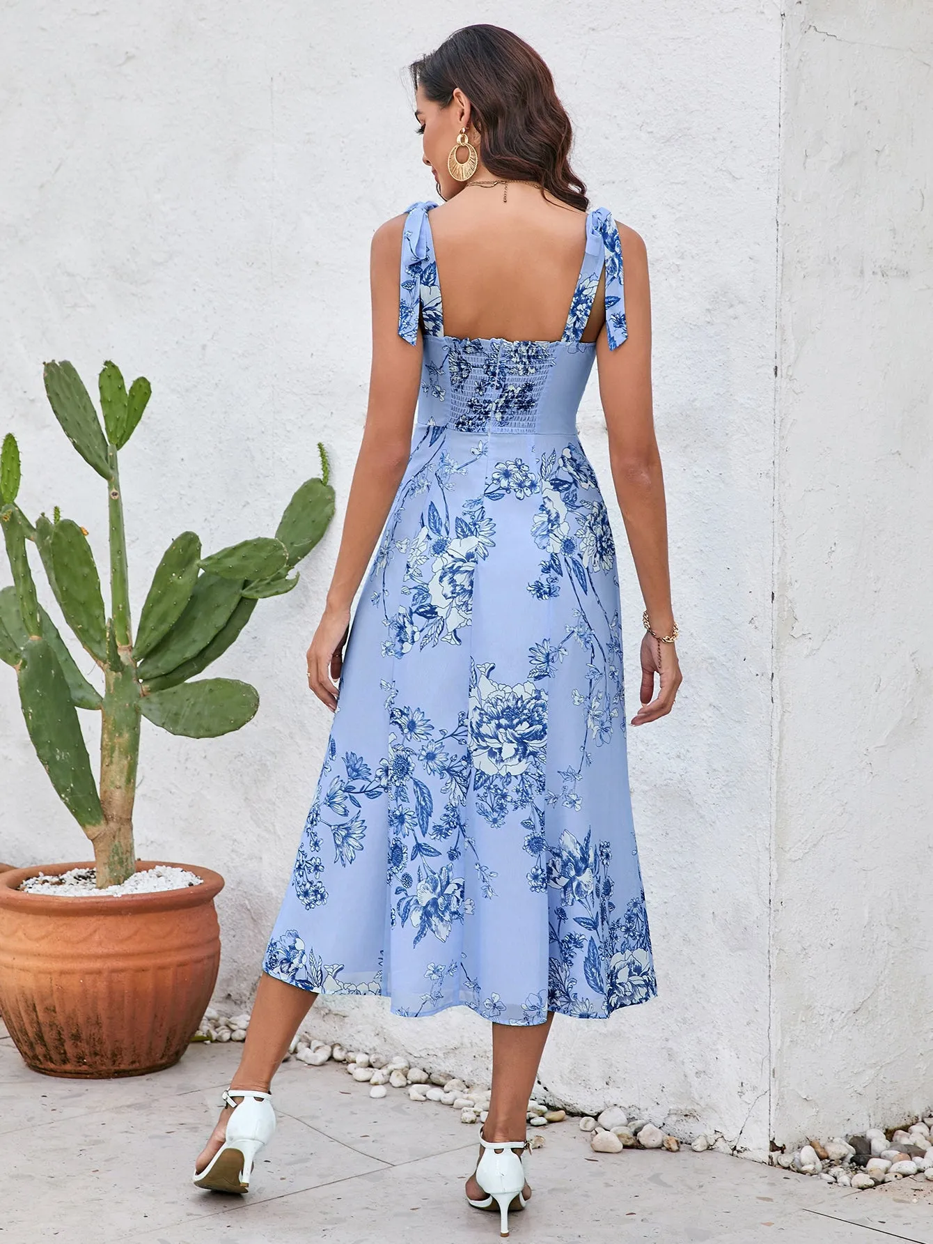 Tie Shoulder Backless Floral Print Slit Hem Dress