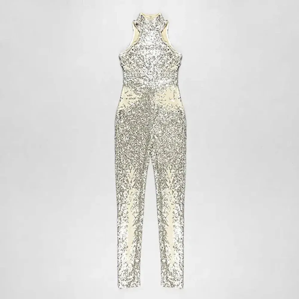 Trend4us Women's Glamour Sequin High-Neck Backless Jumpsuit