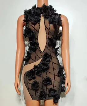 Trend4us Women's Sheer Floral Applique Cutout Mini Dress