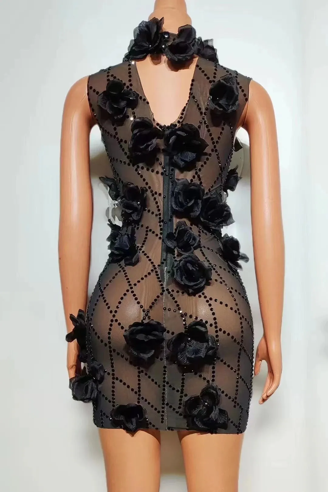 Trend4us Women's Sheer Floral Applique Cutout Mini Dress